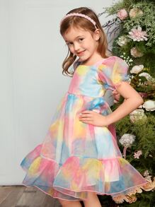 SHEIN 小女童紮染泡泡袖荷葉邊洋裝