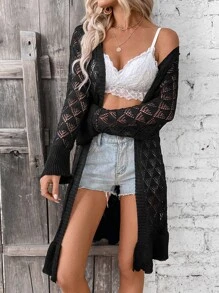 SHEIN VCAY Flounce Sleeve Belted Pointelle Knit Cardigan - Black - View 5