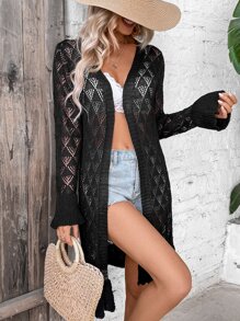 SHEIN VCAY Flounce Sleeve Belted Pointelle Knit Cardigan - Black - View 6