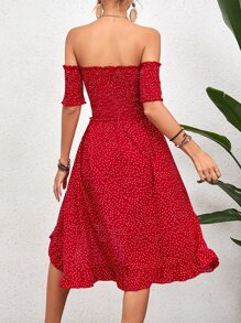 SHEIN Holidaya 波卡圓點一字肩荷葉邊圍裹連衣裙 - 紅色 - 查看 2