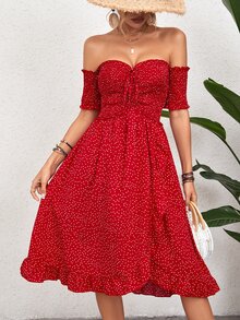 SHEIN Holidaya 波卡圓點一字肩荷葉邊圍裹連衣裙 - 紅色 - 查看 6