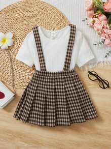 SHEIN 小女童格紋印花百褶下擺背帶半身裙