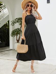 SHEIN Privé 素色荷葉邊吊帶連衣裙 - 黑色 - 查看 5