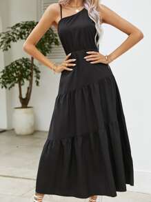 SHEIN Privé 素色荷葉邊吊帶連衣裙 - 黑色 - 查看 3