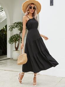 SHEIN Privé 素色荷葉邊吊帶連衣裙 - 黑色 - 查看 7