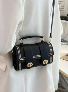 Mini Stitch Detail Twist Lock Flap Square Bag - Black - View 5