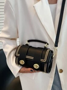 Mini Stitch Detail Twist Lock Flap Square Bag - Black - View 6