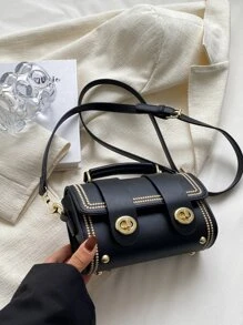 Mini Stitch Detail Twist Lock Flap Square Bag - Black - View 7