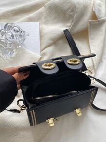 Mini Stitch Detail Twist Lock Flap Square Bag - Black - View 8