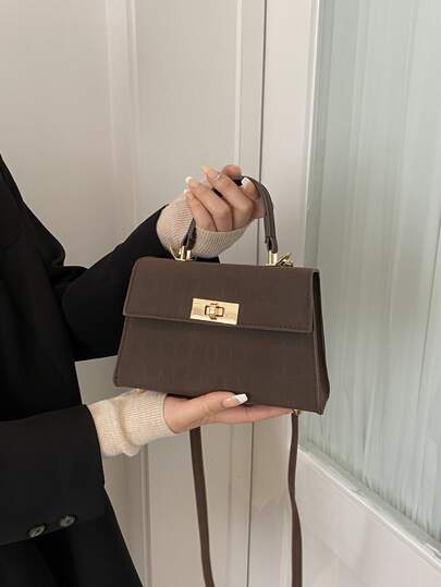 Fashionable,Minimalist,Casual,Mini Crocodile Embossed Twist Lock Flap Square Bag For Girl, Teen Girls
