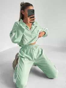 RueChic Cazadora crop con estampado de rayas con cremallera media con pantalones - Verde - Ver 3