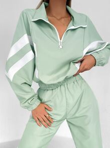 RueChic Cazadora crop con estampado de rayas con cremallera media con pantalones - Verde - Ver 5