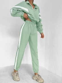 RueChic Cazadora crop con estampado de rayas con cremallera media con pantalones - Verde - Ver 6