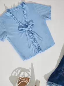 EURMUSE Frill Trim Knot Front Tee - Màu xanh lam - Xem 1