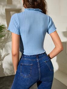 EURMUSE Frill Trim Knot Front Tee - Màu xanh lam - Xem 2