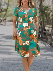 SHEIN Clasi 印花泡泡袖連衣裙 - 綠色 - 查看 4