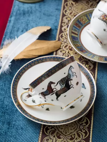 2pcs Porcelain Mug & Dish, Modern Horse Pattern Mug & Dish Set For Dining Table Back To School