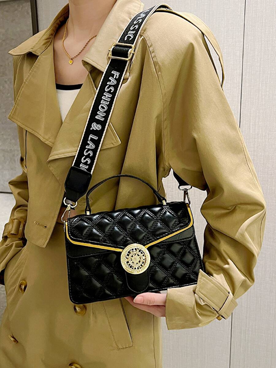 Quilted Detail Flap Square Bag - Black - View 1