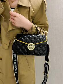 Quilted Detail Flap Square Bag - Black - View 2
