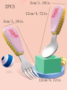 1 Juego de 2 piezas de cuchara y tenedor portátil de dibujos animados, cubiertos para niños de color rosa macarrón - Multicolor - Ver 4