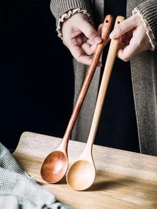 1pc Wooden Ladle, Long Handle Soup Spoon For Kitchen - Coffee Brown - View 4