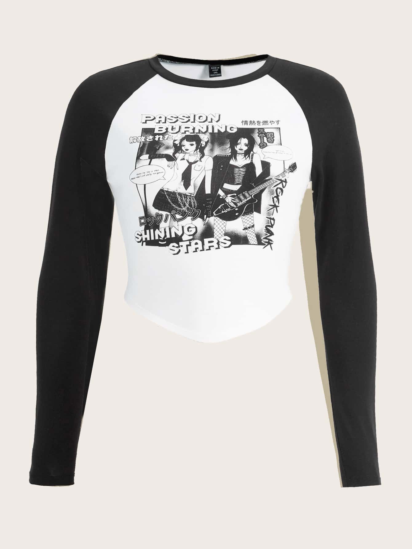 SHEIN EZwear Plus Figure & Letter Graphic Raglan Sleeve Tee - Black and White - View 1