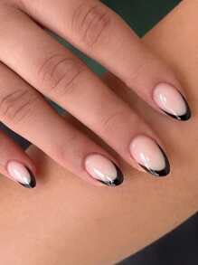 24pcs Long Oval Shape Simple French Style Black Edge False Nails Set For Nail Art, Suitable For Students, Ladies, Party, Dance, Daily Wear Press On Nails Nail Supplies - Multicolor - View 1