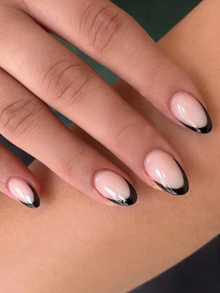 24pcs Long Oval Shape Simple French Style Black Edge False Nails Set For Nail Art, Suitable For Students, Ladies, Party, Dance, Daily Wear Press On Nails Nail Supplies - Multicolor - View 1