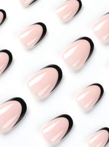 24pcs Long Oval Shape Simple French Style Black Edge False Nails Set For Nail Art, Suitable For Students, Ladies, Party, Dance, Daily Wear Press On Nails Nail Supplies - Multicolor - View 5