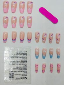 24Pcs Long Coffin Cloud Pattern Fake Nail & 1Pc Nail File & 1Sheet Tape Press On Nails Nail Supplies Nails - Multicolor - View 2