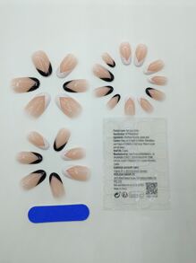 Elevate Your Style with 24pcs Long Almond French Style Contrast Trim Fake Nail & 1pc Nail File & 1sheet Tape - Multicolor - View 2