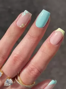 Eleva tu estilo con 24 uñas postizas con patrón floral francés azul cuadrado corto y 1 lima de uñas y 1 hoja de cinta - Multicolor - Ver 1
