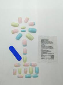 Eleva tu estilo con 24 uñas postizas con patrón floral francés azul cuadrado corto y 1 lima de uñas y 1 hoja de cinta - Multicolor - Ver 2