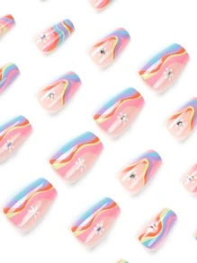 Transform Your Nails with 24pcs Short Coffin Rainbow Striped Floral Pattern Fake Nail & 1pc Nail File & 1sheet Tape - Multicolor - View 5