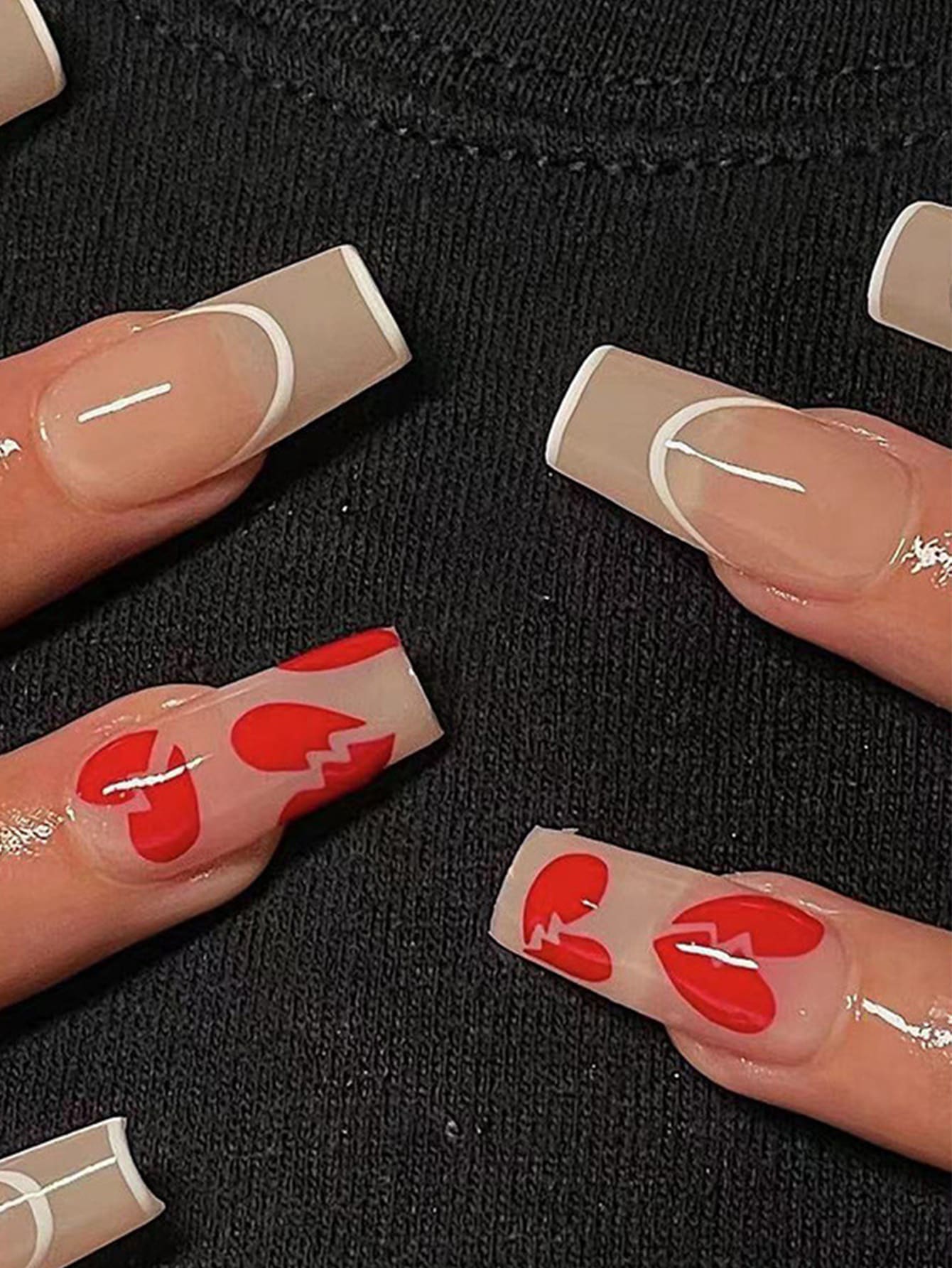 Get Glamorous With 24Pcs Long Square French Broken Heart Pattern Fake Nail & 1Pc Nail File & 1Sheet Tape Press On Nails Nail Supplies Nails - Multicolor - View 1