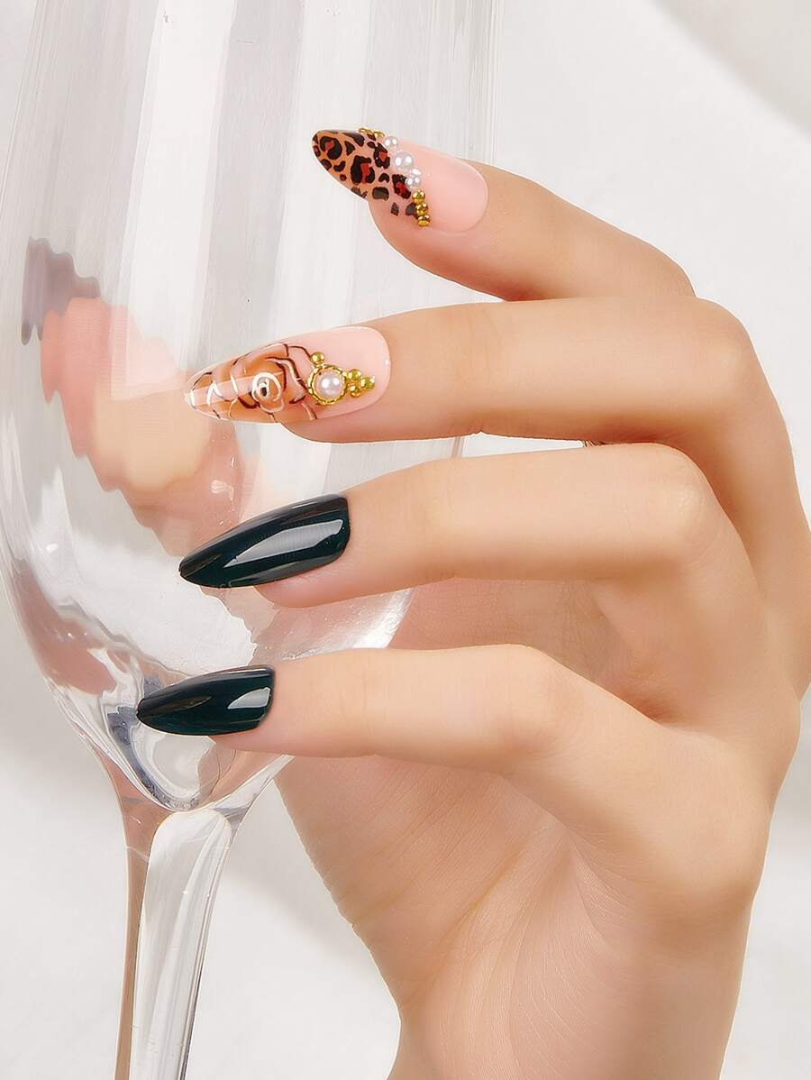 Nail Nina Get Glamorous with 24pcs Extra Long Stiletto Leopard & Flower Pattern Pearl Fake Nail & 1pc Nail File & 1sheet Tape - Multicolor - View 1