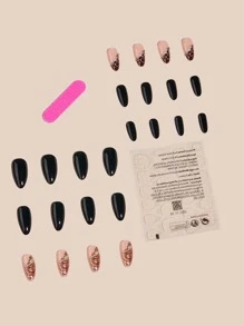 Nail Nina Get Glamorous with 24pcs Extra Long Stiletto Leopard & Flower Pattern Pearl Fake Nail & 1pc Nail File & 1sheet Tape - Multicolor - View 2