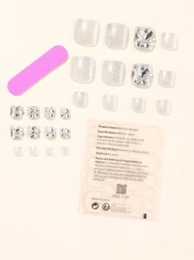 24 piezas Uña del pie falsa corta cuadrada 3d con diseño de diamante de imitación & 1 pieza lima de uñas & 1 hoja cinta