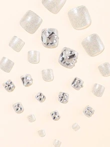 24 piezas Uña del pie falsa corta cuadrada 3d con diseño de diamante de imitación & 1 pieza lima de uñas & 1 hoja cinta