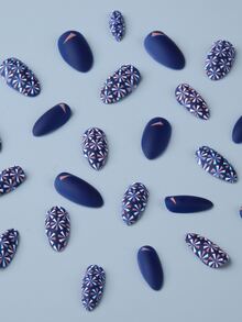 24pcs Long Almond Geometric Pattern Fake Nail & 1pc Nail File & 1sheet Tape - Multicolor - View 3