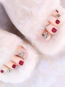 24pcs Short Square 3D Rhinestone Decor Fake Toenail & 1pc Nail File & 1sheet Tape - Multicolor - View 1