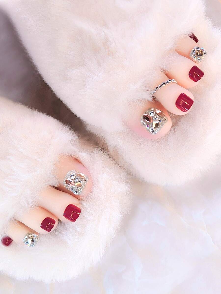 24pcs Short Square 3D Rhinestone Decor Fake Toenail & 1pc Nail File & 1sheet Tape - Multicolor - View 1