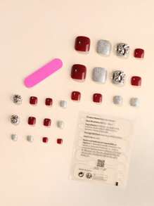 24pcs Short Square 3D Rhinestone Decor Fake Toenail & 1pc Nail File & 1sheet Tape - Multicolor - View 2