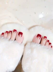 Elevate Your Style with 24pcs Short Square Red Glitter Fake Toenail & 1pc Nail File & 1sheet Tape - Multicolor - View 1