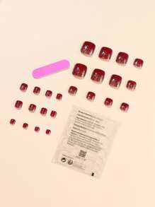 Elevate Your Style with 24pcs Short Square Red Glitter Fake Toenail & 1pc Nail File & 1sheet Tape - Multicolor - View 2