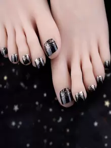 Transform Your Nails with 24pcs Short Square Black Glitter Fake Toenail & 1pc Nail File & 1sheet Tape - Multicolor - View 1