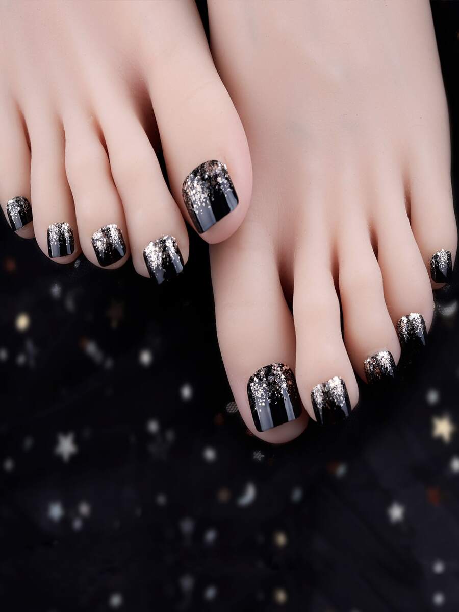 Transform Your Nails with 24pcs Short Square Black Glitter Fake Toenail & 1pc Nail File & 1sheet Tape - Multicolor - View 1
