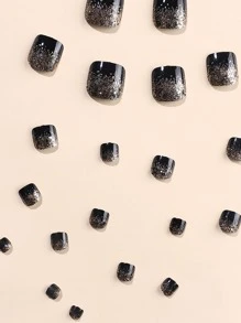 Transform Your Nails with 24pcs Short Square Black Glitter Fake Toenail & 1pc Nail File & 1sheet Tape - Multicolor - View 5