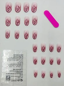 24pcs Long Oval Heart & Fire Pattern Fake Nail & 1pc Nail File & 1sheet Tape Nails - Multicolor - View 2