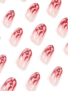 24pcs Long Oval Heart & Fire Pattern Fake Nail & 1pc Nail File & 1sheet Tape Nails - Multicolor - View 5